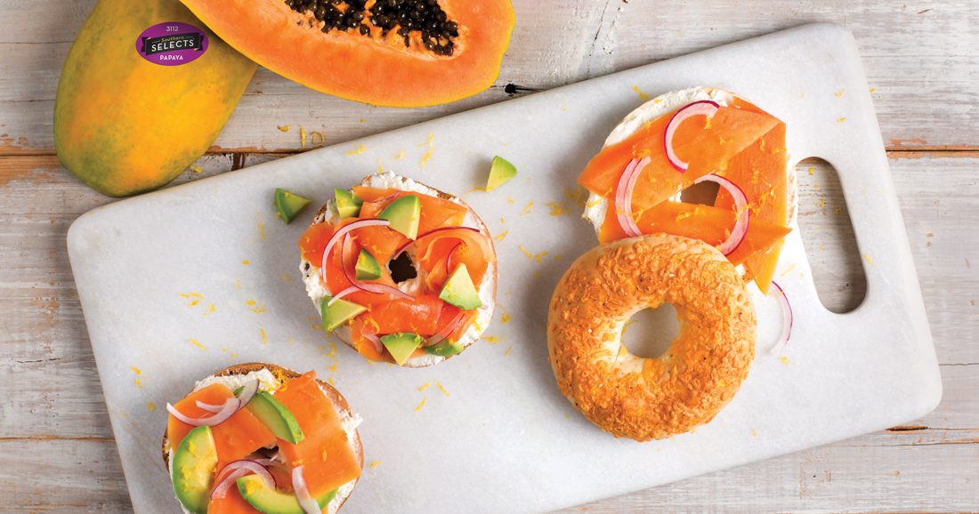 Southern Selects Papaya Ribbons with Lemon Cream Cheese on Toasted Bagels Recipe